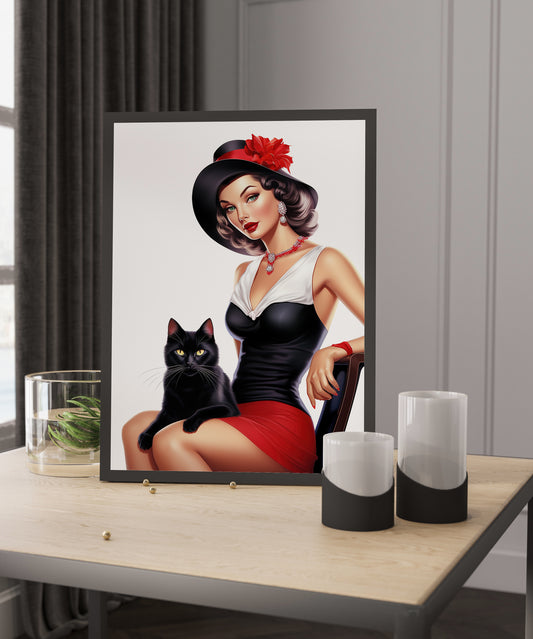 D#494 Wall art print, Poster, Fashion, Intrique, Fashionista, Pinup, Glamour, Retro, Celebrity, Lady with Black Cat