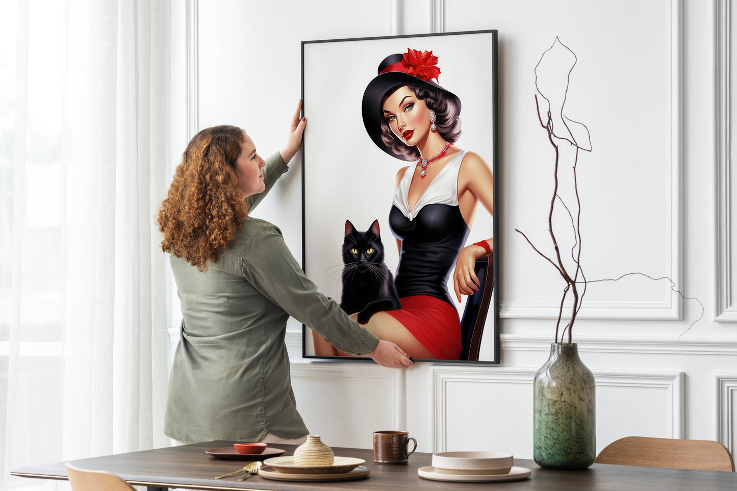 D#494 Wall art print, Poster, Fashion, Intrique, Fashionista, Pinup, Glamour, Retro, Celebrity, Lady with Black Cat