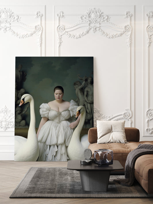 D#457 Wall art design, Poster, Philosophy, Feng Shui, Spiritual, Museum, Curved lady with White Swans