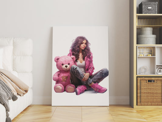 D#501 Wall art print, Poster, Modern, Vibe, Birthday, Fashionista, Chic, Girl with Pink Teddy Bear