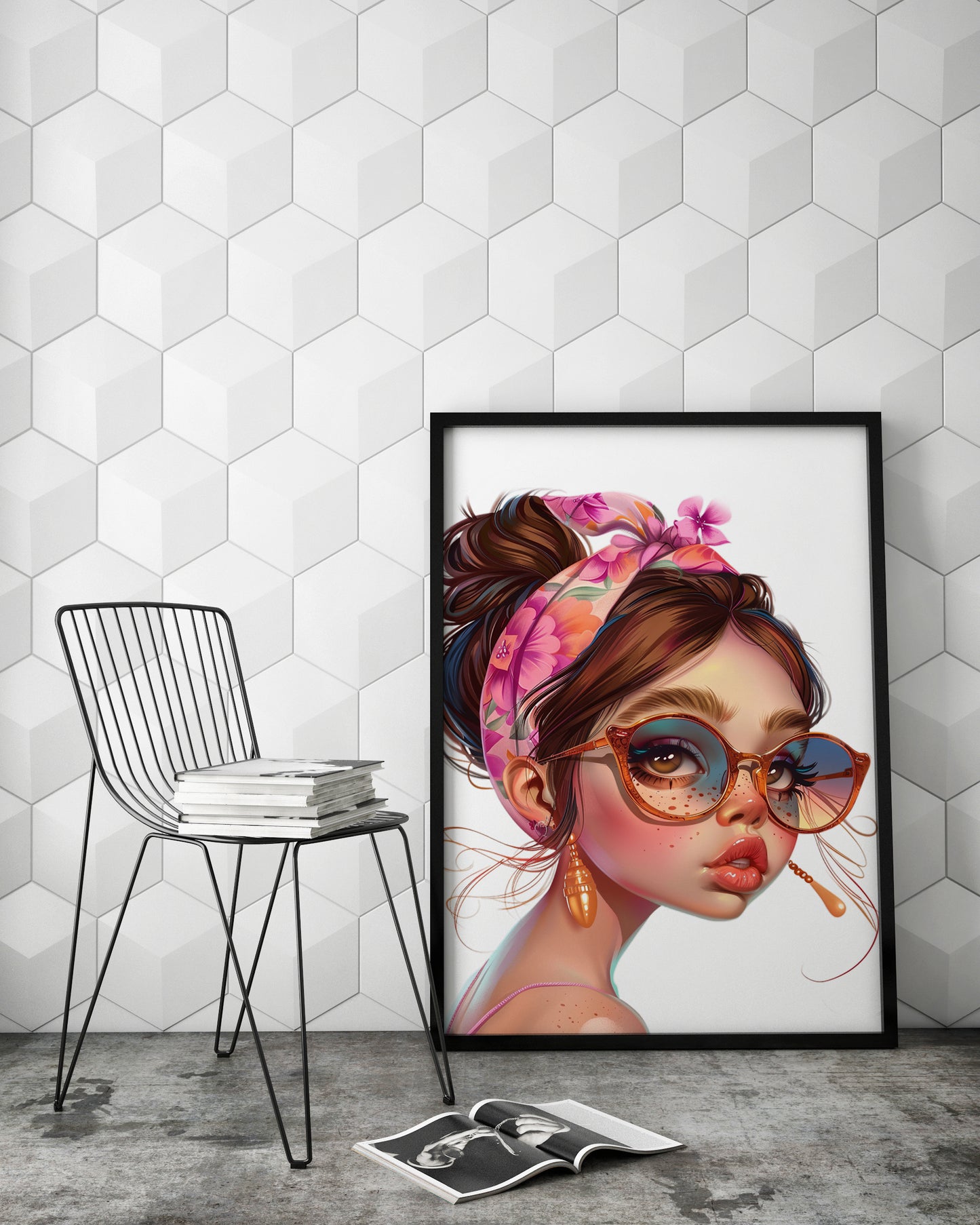 D#511 Wall art print, Poster, Retro, Vintage, Nostalgia, Summer Vibe,  Innocence, Pink Hues, Cute Girl with Bandana