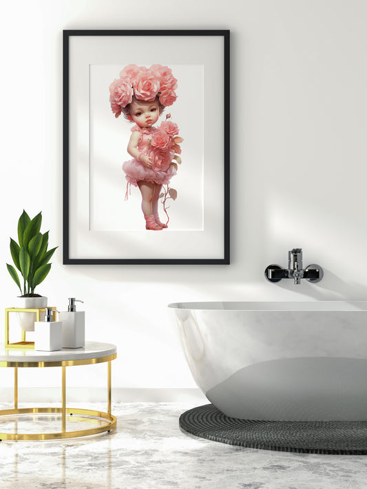 D#513 Wall art print, Poster, Retro, Vintage, Nostalgia, Kids, Innocence, Roses, Pink Hues, Cute Girl with Roses