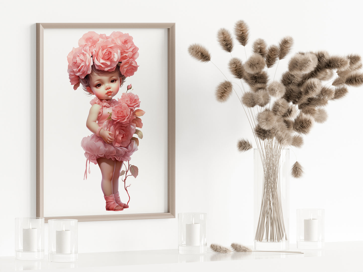 D#513 Wall art print, Poster, Retro, Vintage, Nostalgia, Kids, Innocence, Roses, Pink Hues, Cute Girl with Roses