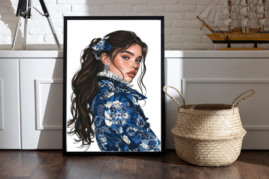 D#514 Wall art print, Poster, Fashion, Aesthetic, Fashionista, Trendy, Glamour, Hollywood, Indigo, Lady in Floral Denim Jacket