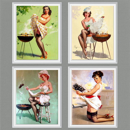 D#401 Wall art print, Poster, Pinup Art, Fashion, Aesthetic, Fashionista, Ad, Beauty, Sexuality, Lady making Barbeque, Pinup, Set of 4 prints