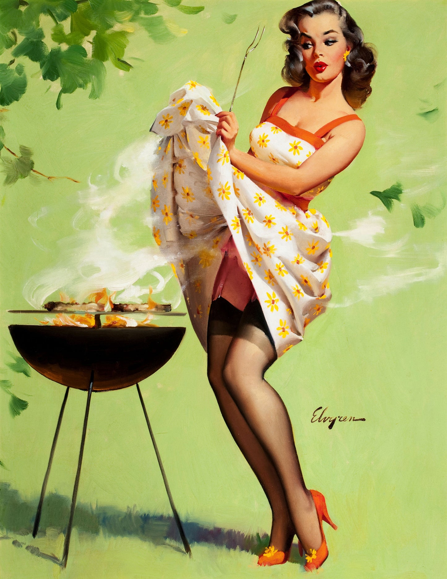 D#401 Wall art print, Poster, Pinup Art, Fashion, Aesthetic, Fashionista, Ad, Beauty, Sexuality, Lady making Barbeque, Pinup, Set of 4 prints