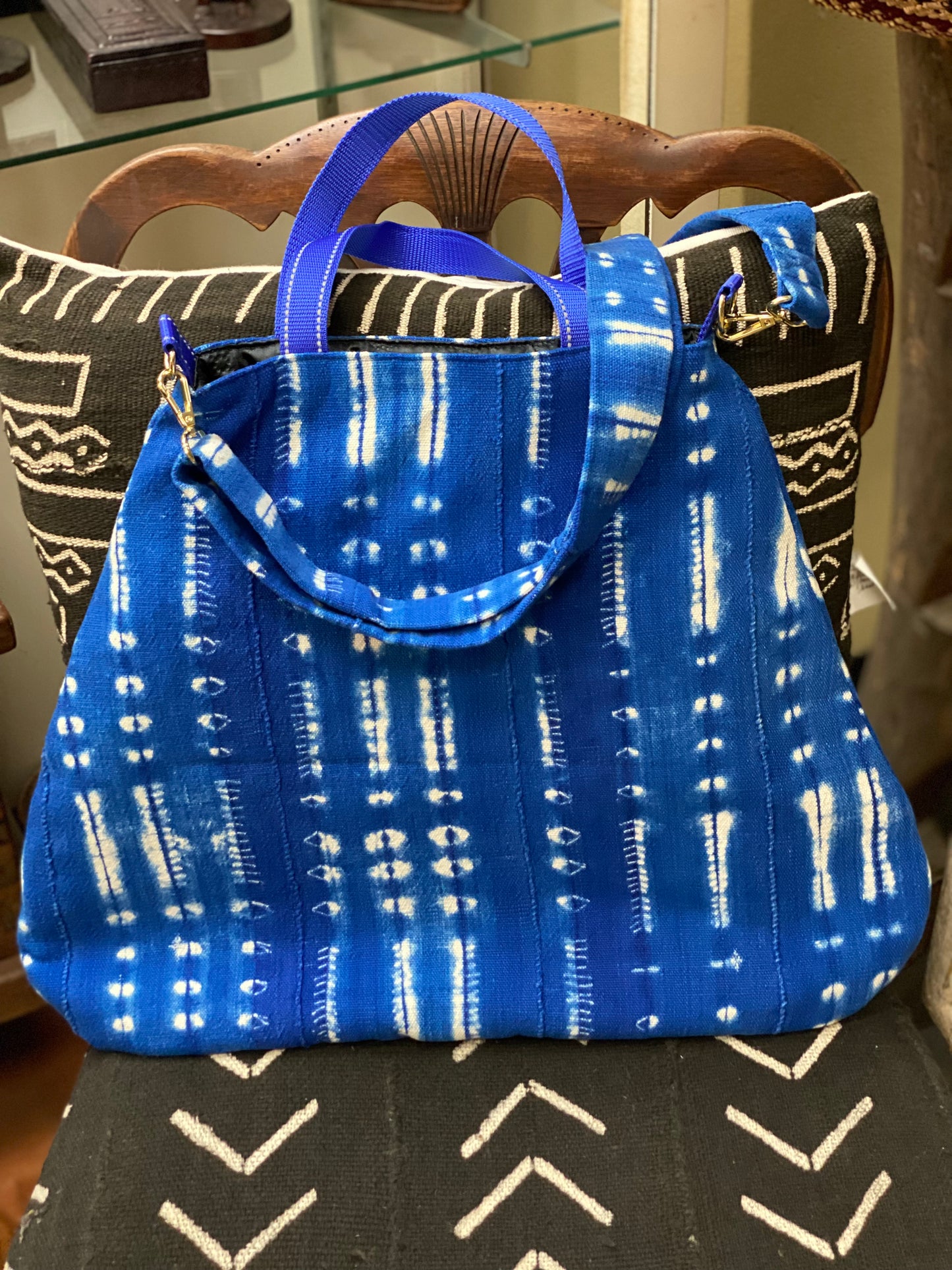 Tote bag, Mudcloth bag, Purse, African style bag, Handmade, Shoulder Strap, Shibori Indigo Mudcloth Tote Bag