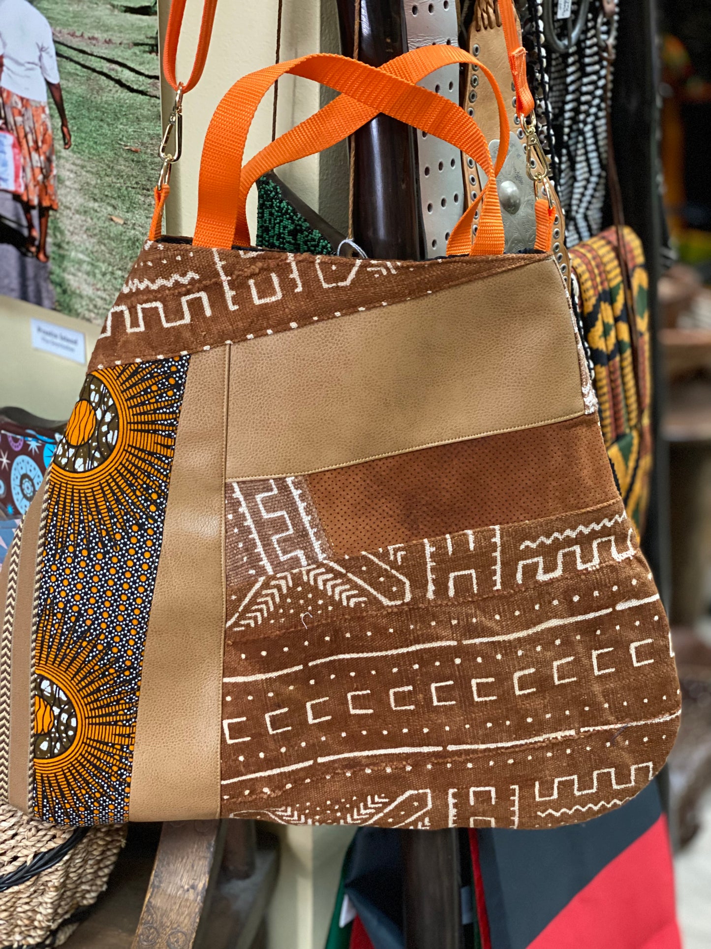 Patchwork, Tote bag, Mudcloth bag, Purse, African style bag, Handmade, Faux Leather, Shoulder Strap, Boho African  Mudcloth Shoulder Bag