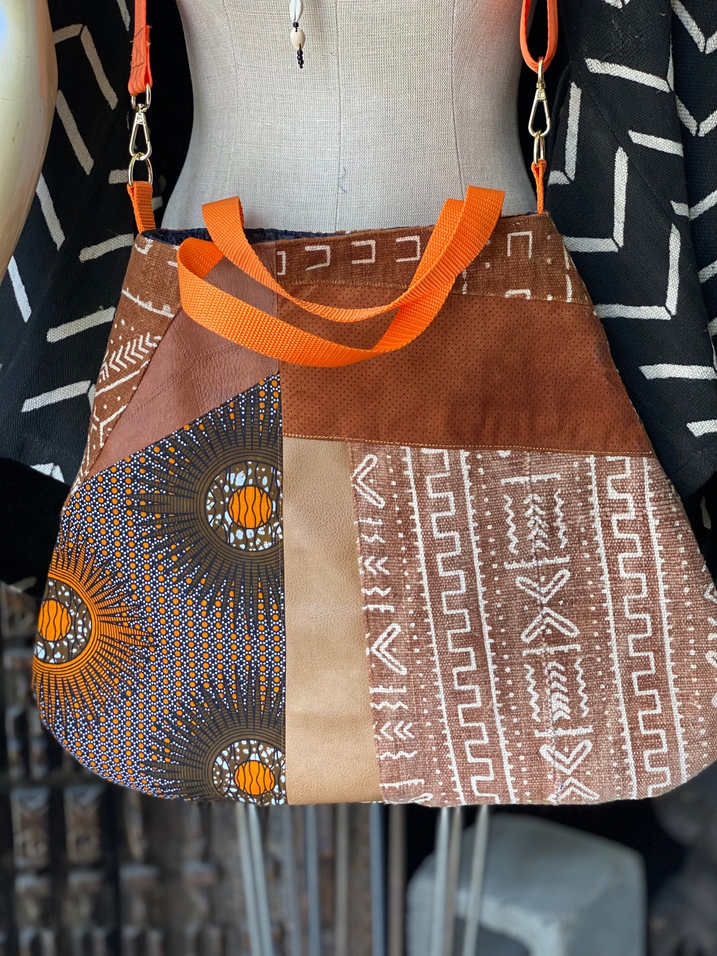 Patchwork, Tote bag, Mudcloth bag, Purse, African style bag, Handmade, Faux Leather, Shoulder Strap, Boho African  Mudcloth Shoulder Bag