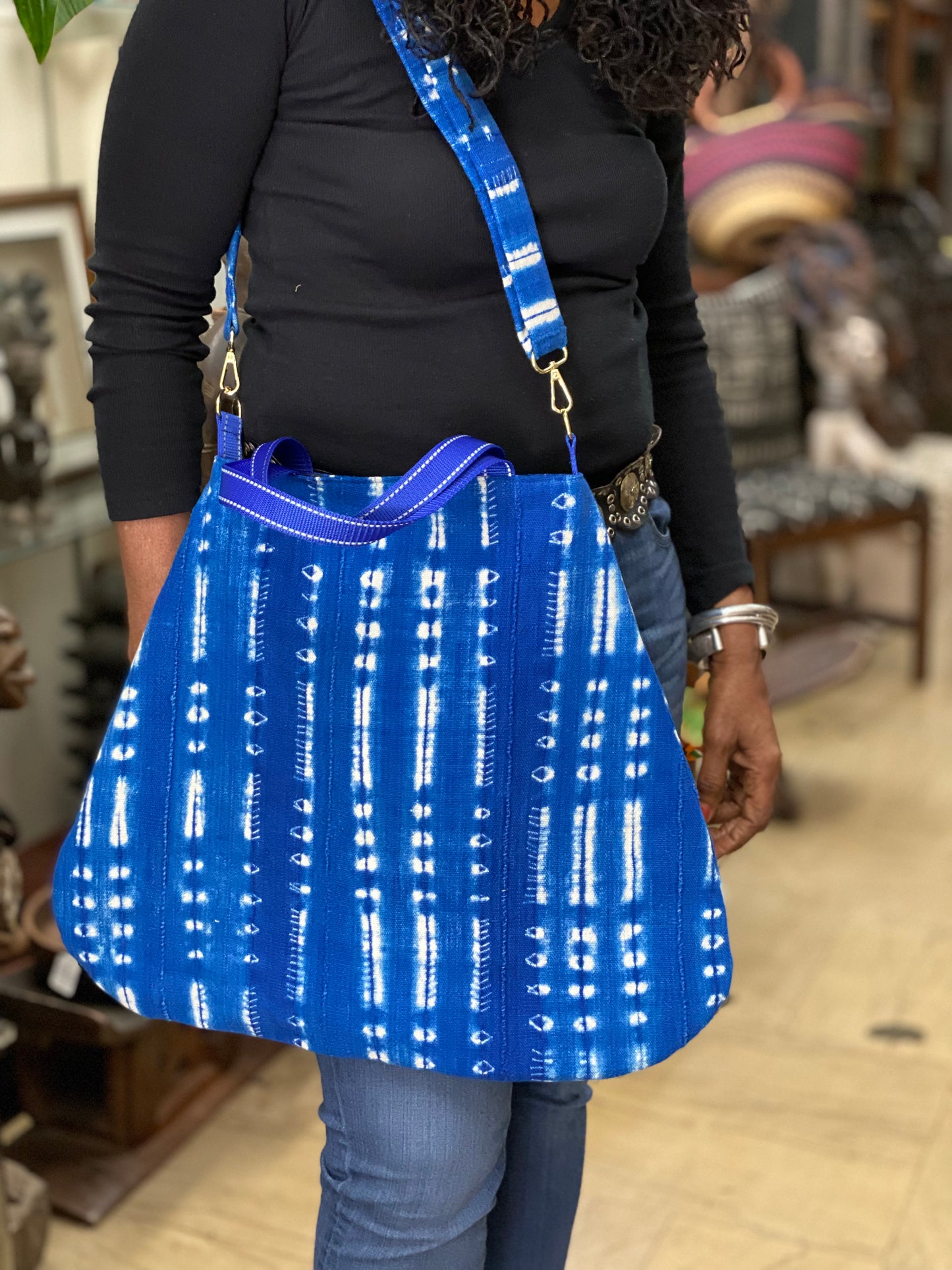 Tote bag, Mudcloth bag, Purse, African style bag, Handmade, Shoulder Strap, Shibori Indigo Mudcloth Tote Bag