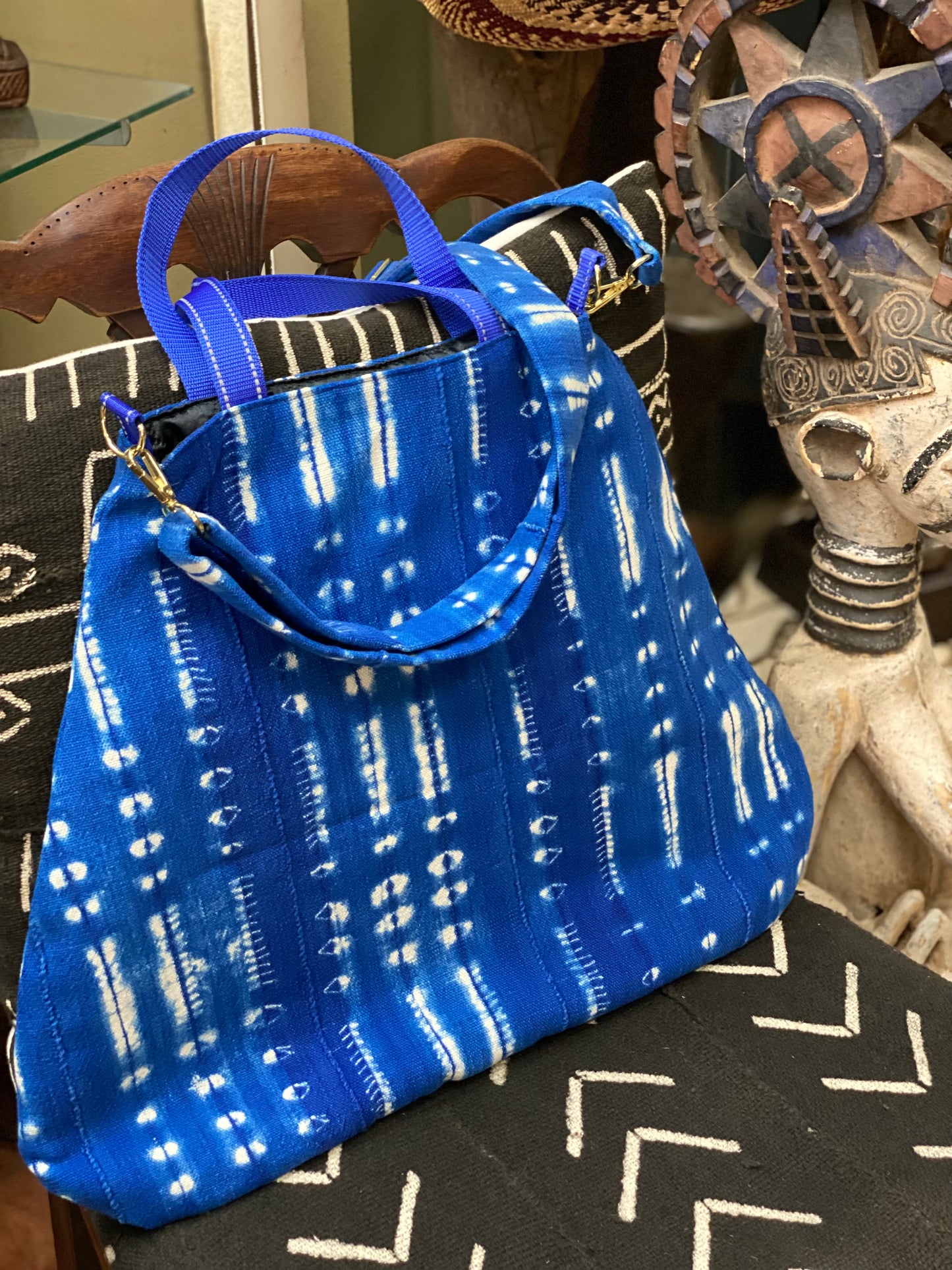 Tote bag, Mudcloth bag, Purse, African style bag, Handmade, Shoulder Strap, Shibori Indigo Mudcloth Tote Bag