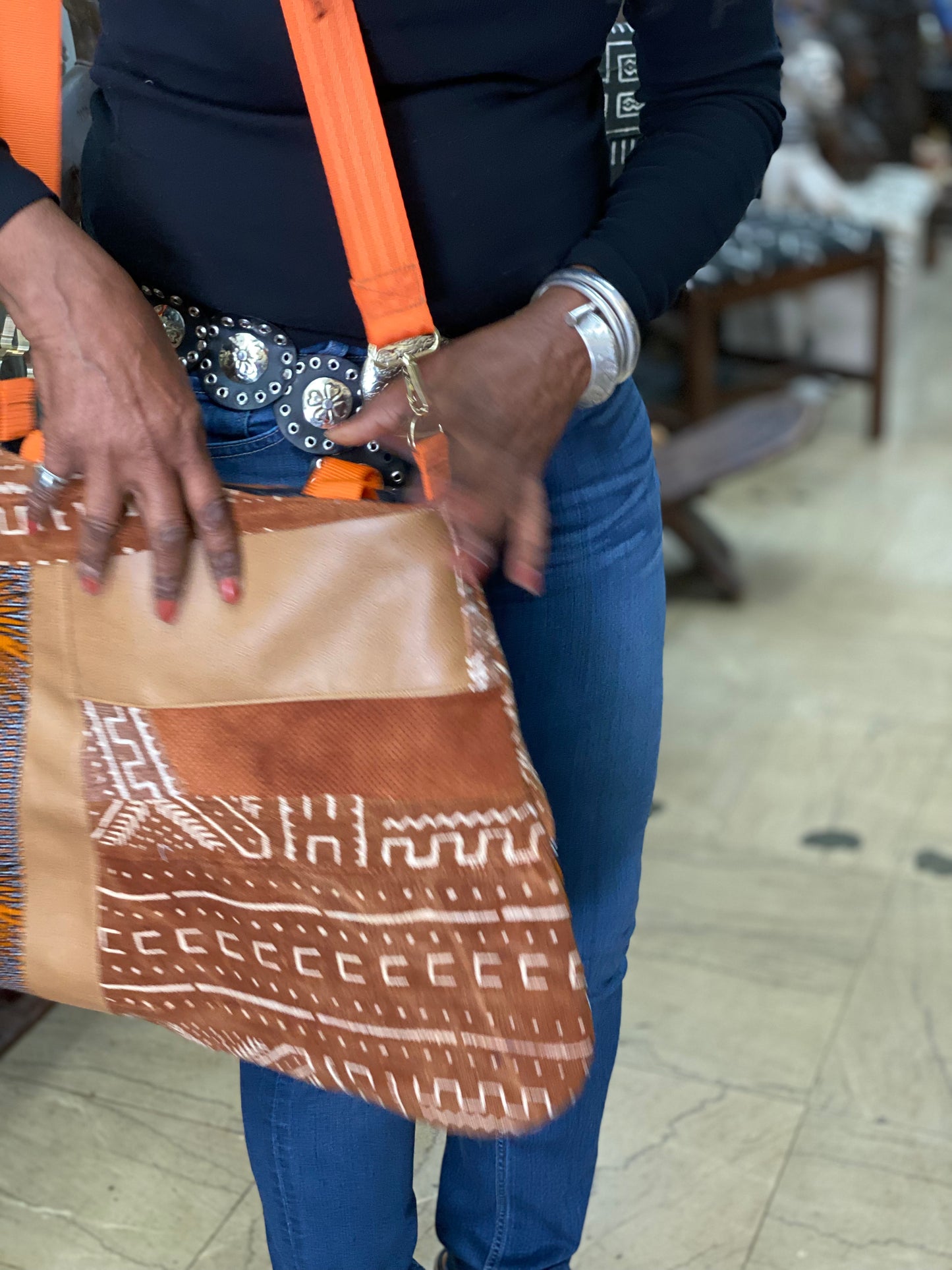 Patchwork, Tote bag, Mudcloth bag, Purse, African style bag, Handmade, Faux Leather, Shoulder Strap, Boho African  Mudcloth Shoulder Bag