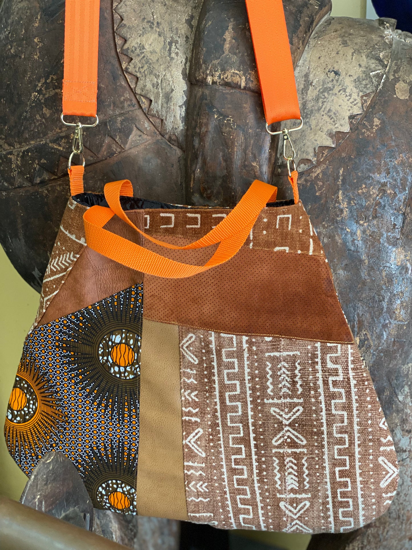 Patchwork, Tote bag, Mudcloth bag, Purse, African style bag, Handmade, Faux Leather, Shoulder Strap, Boho African  Mudcloth Shoulder Bag