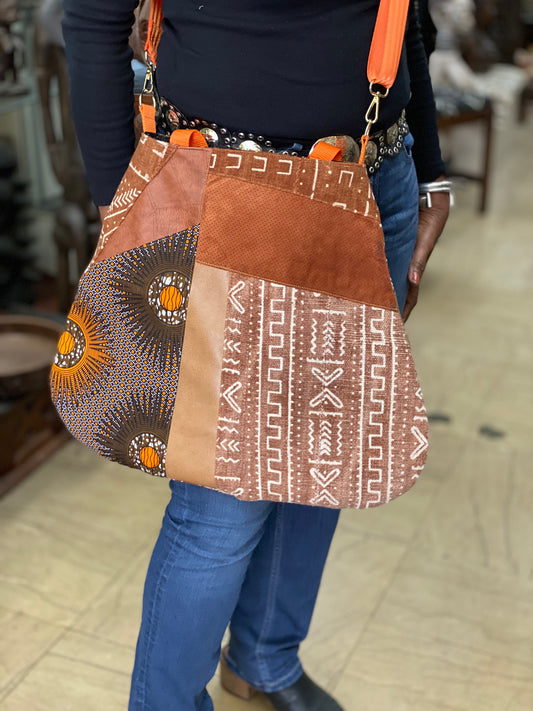 Patchwork, Tote bag, Mudcloth bag, Purse, African style bag, Handmade, Faux Leather, Shoulder Strap, Boho African  Mudcloth Shoulder Bag