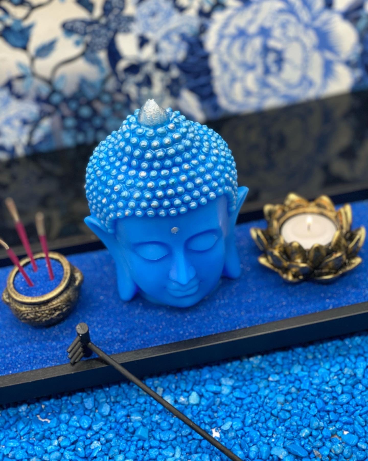 Candle handmade Buddha head blue, Zen, meditation, Feng Shui