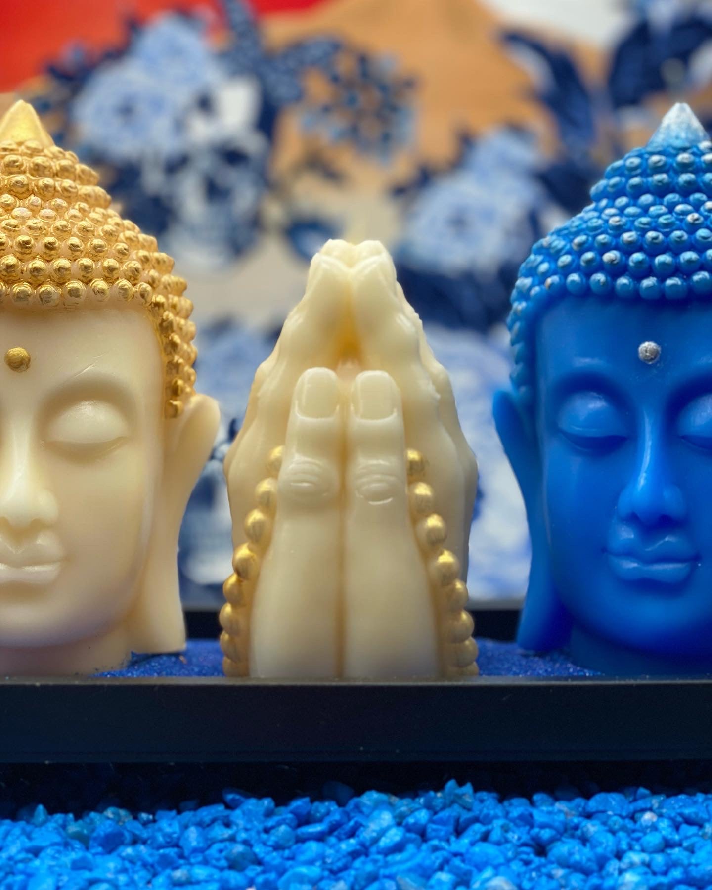 Candle handmade Buddha head blue, Zen, meditation, Feng Shui