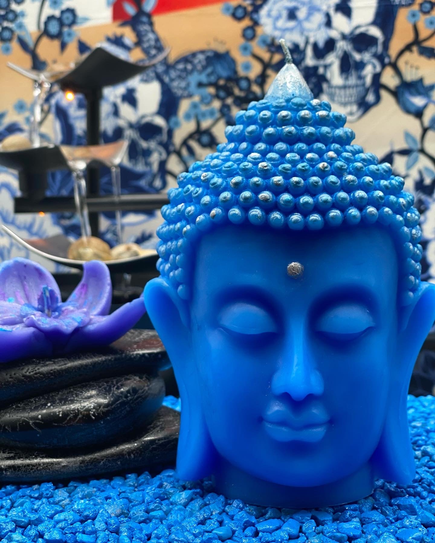 Candle handmade Buddha head blue, Zen, meditation, Feng Shui