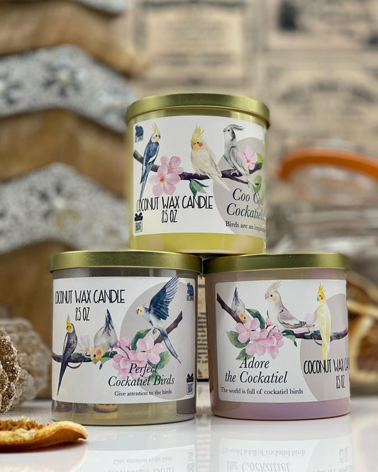 Candles, Jar candles, Cockatiels Lovers, Birds, Parrots, Set of 3 Coconut wax candles