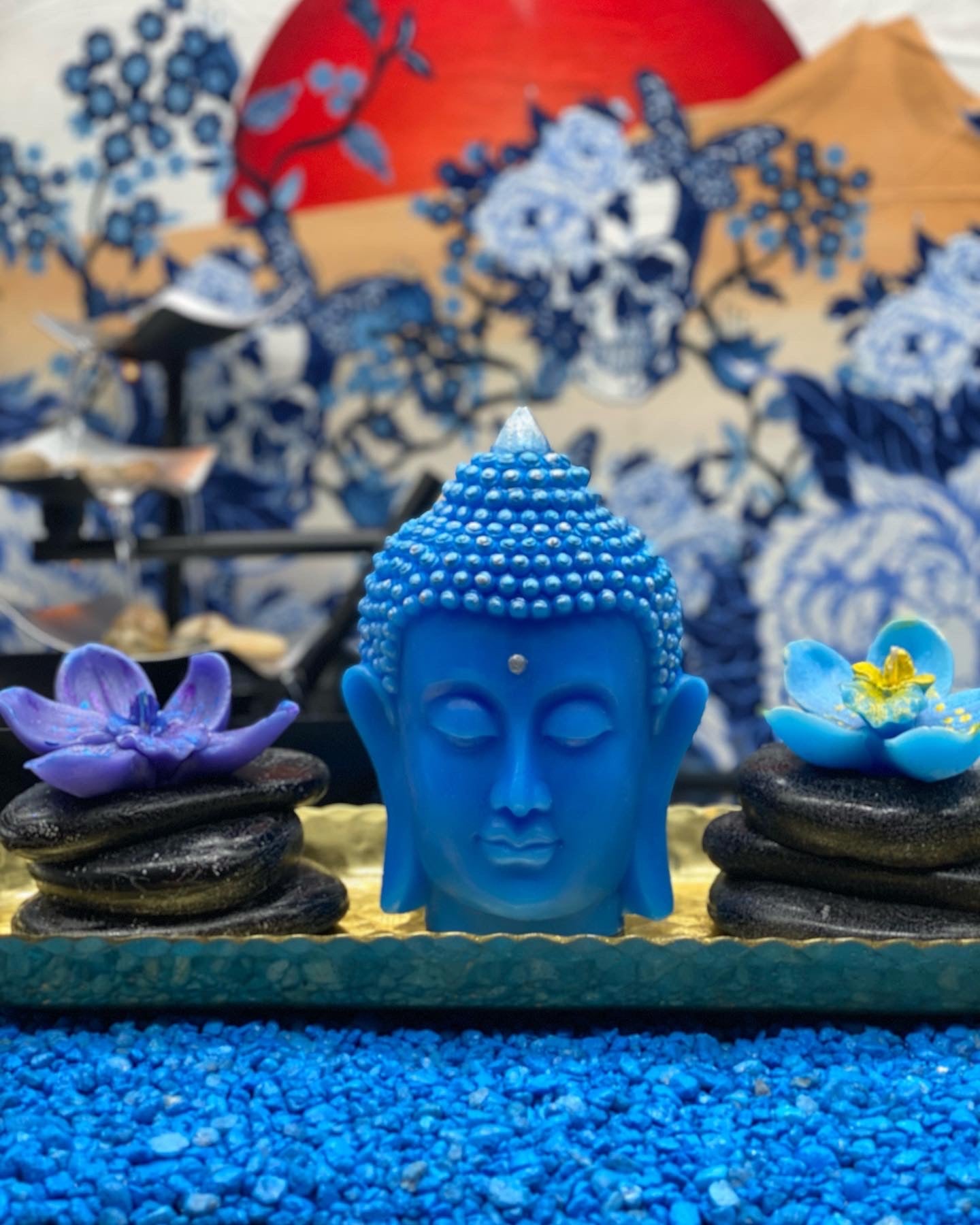 Candle handmade Buddha head blue, Zen, meditation, Feng Shui