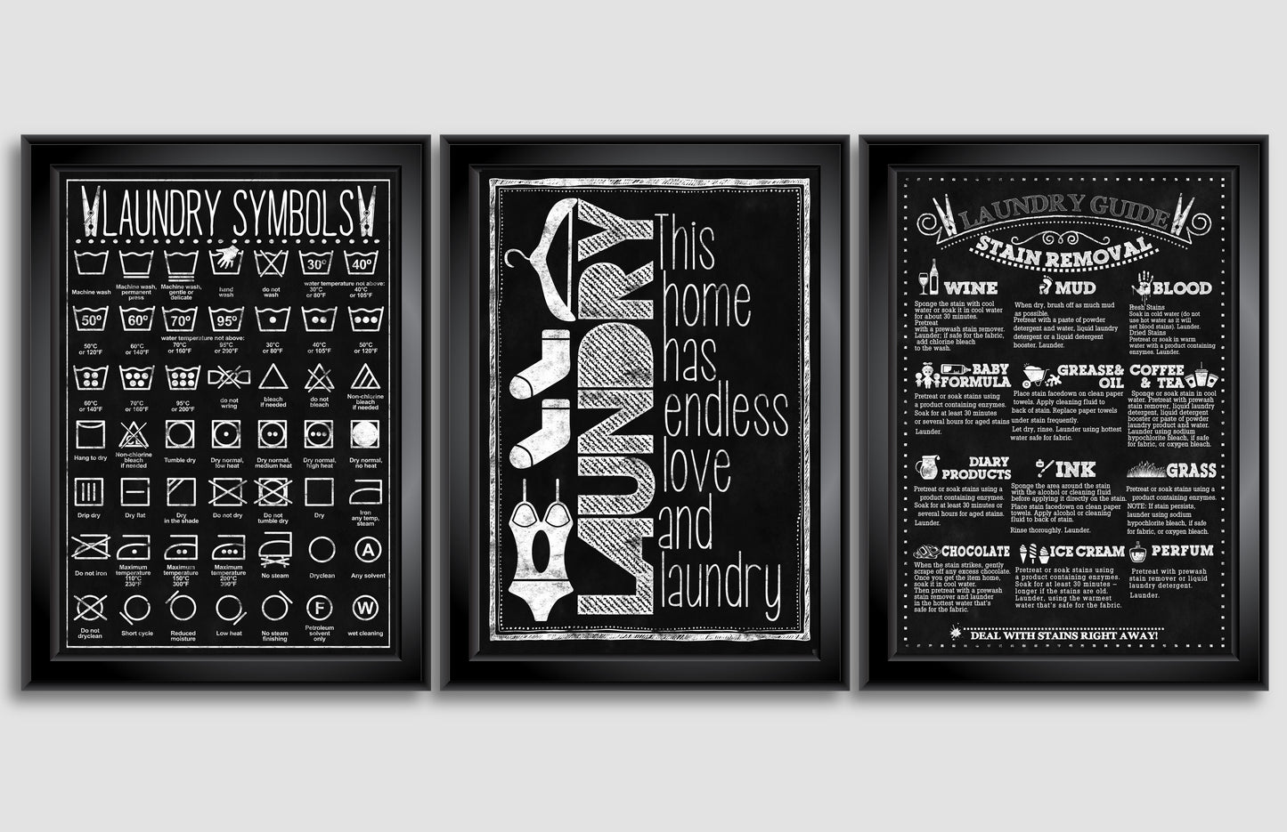 D#7, Wal art prints, chalkboard art, Washing and Drying, Laundry set of 3 prints, Laundry symbols