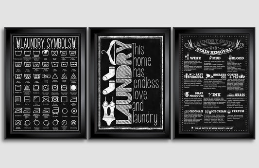 D#7, Wal art prints, chalkboard art, Washing and Drying, Laundry set of 3 prints, Laundry symbols