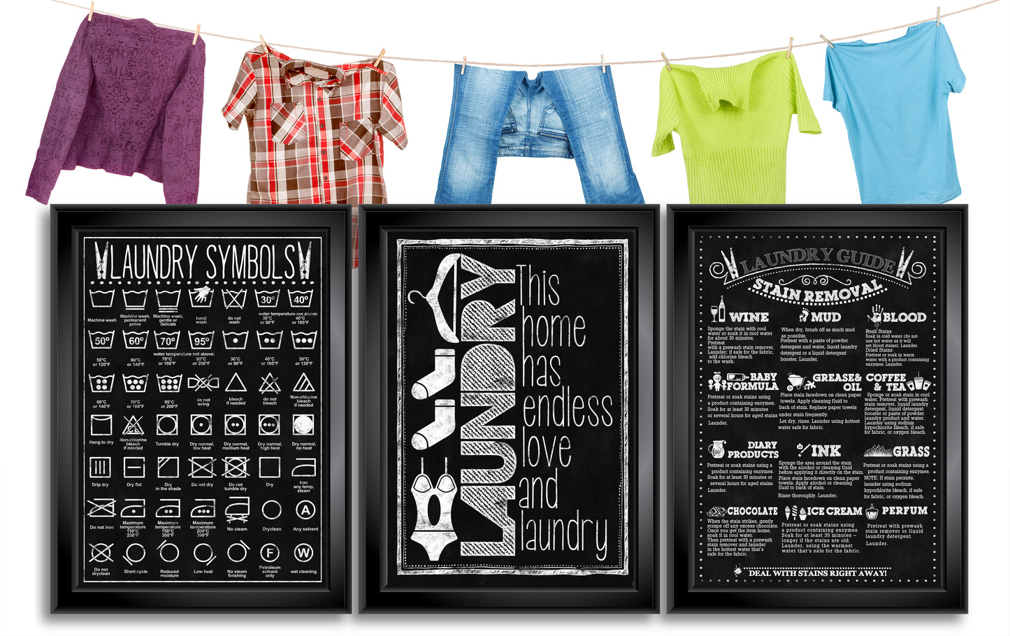 D#7, Wal art prints, chalkboard art, Washing and Drying, Laundry set of 3 prints, Laundry symbols