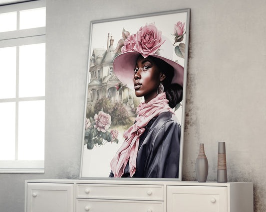 D#202 Wall art print, Poster, Fashion, Victorian Era, Feminine, Floral Lady, Woman portraits, Art, Victorian Black Lady with Flowers Watercolo