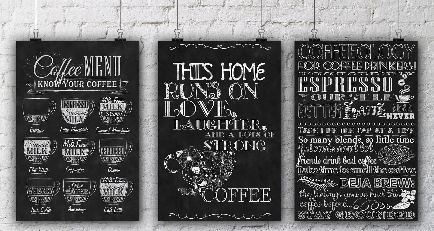 Coffee bar decor ideas, set of 3 wall art prints