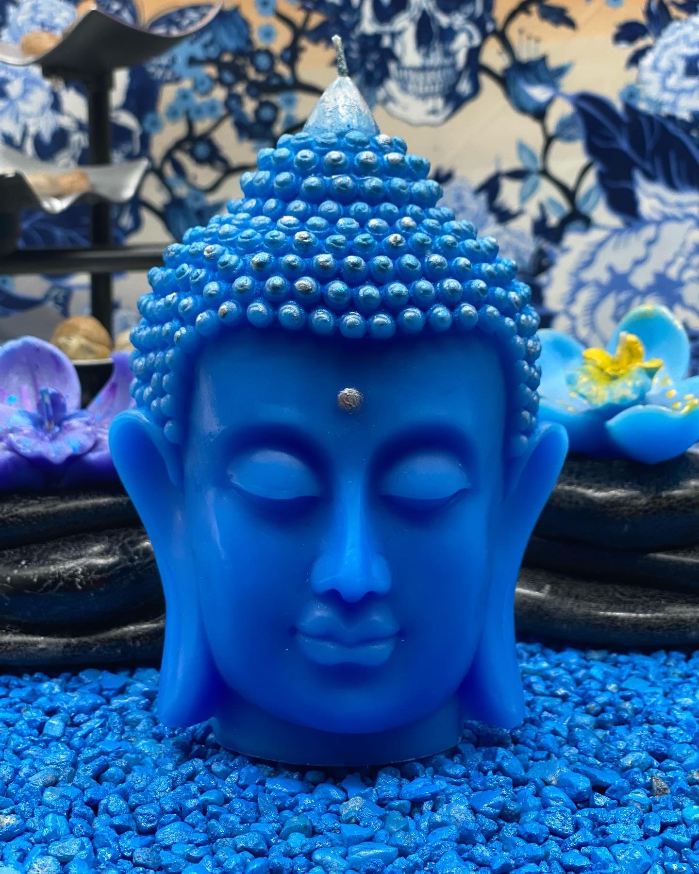 Candle handmade Buddha head blue, Zen, meditation, Feng Shui