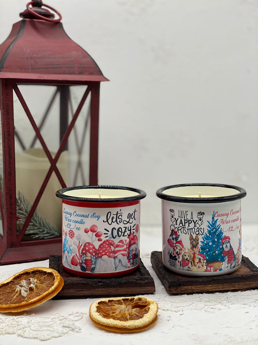 Candles, Coconut Candles, Jar candles, Enamel Camping Mug candles, Dogs, Gnomes, Christmas