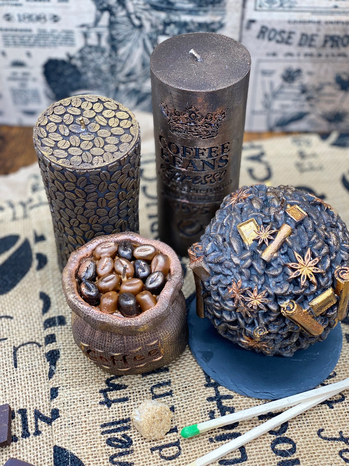 Candles Coffee, Pillar candles, Coffeeholic, Espresso, Coffee TYPES, Coffee Beans Giant Ball, Anise Star, Cinnamon sticks, Chocolate