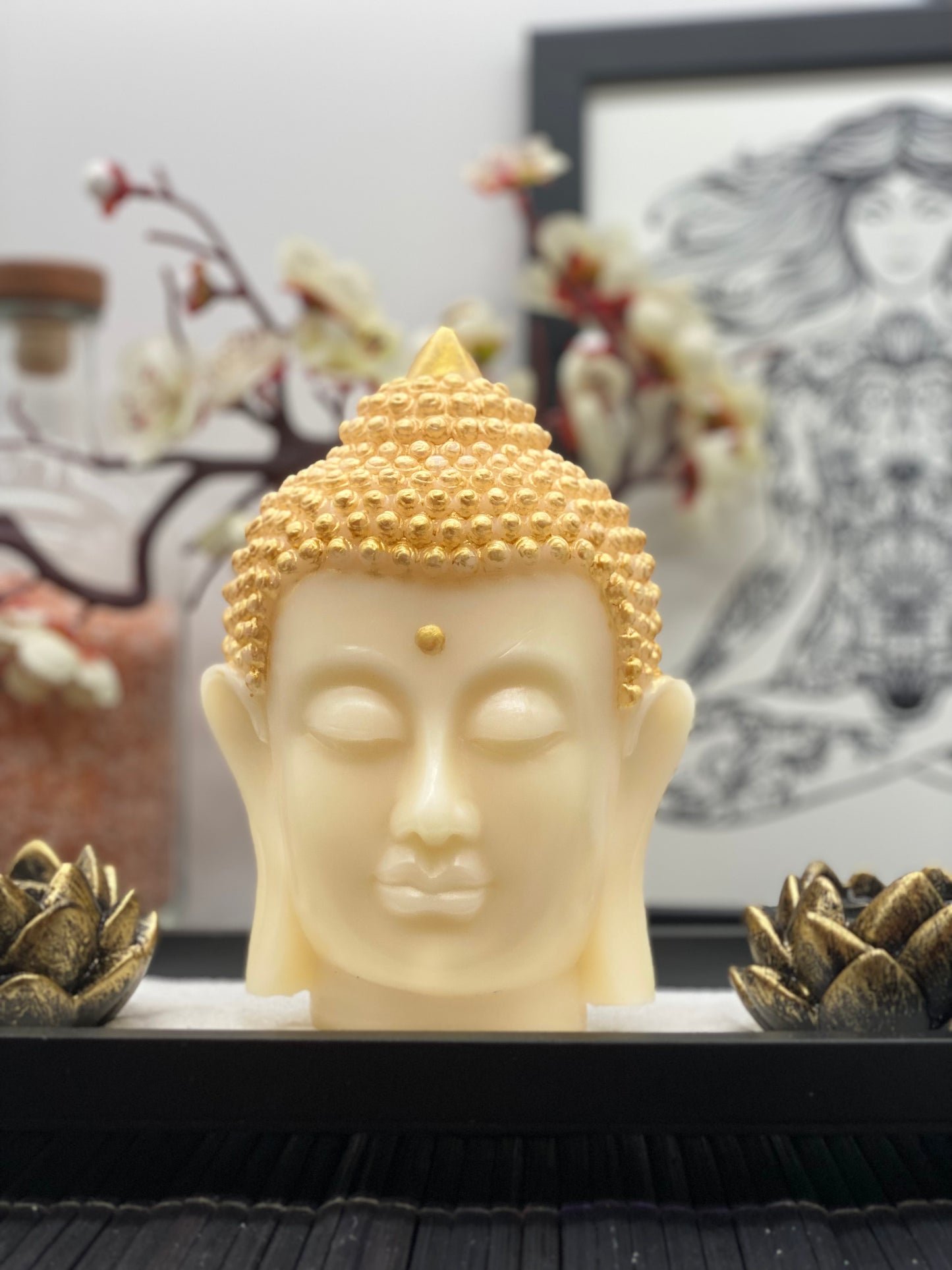 Candle handmade Buddha head ivory, Zen, Meditation, Feng Shui, Relax, Yoga, Retreats