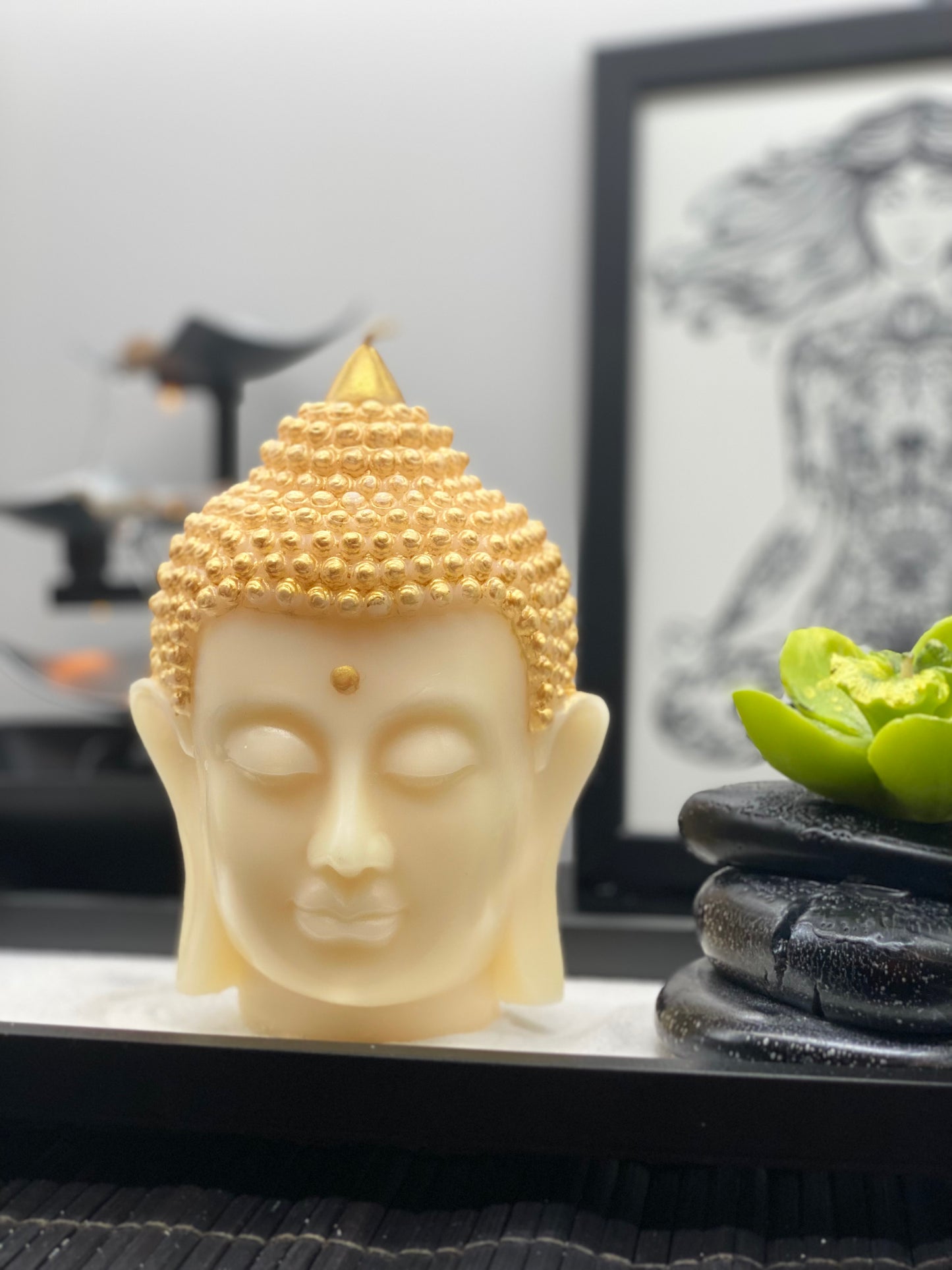 Candle handmade Buddha head ivory, Zen, Meditation, Feng Shui, Relax, Yoga, Retreats