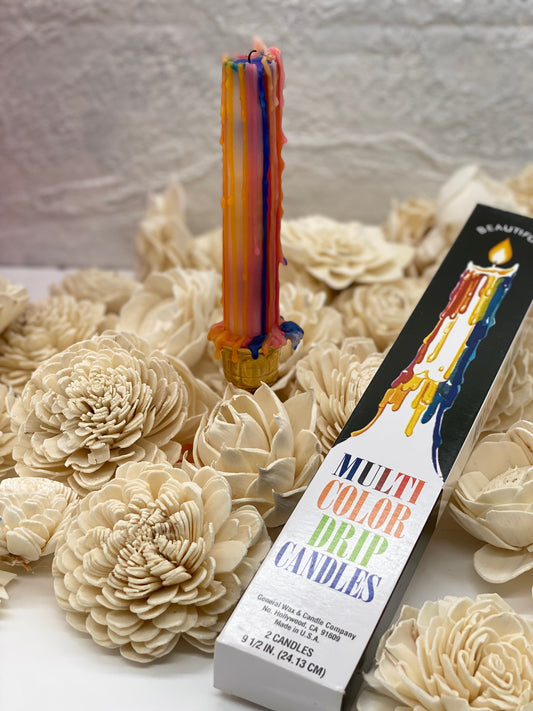 Candles, Tapers, MULTI-COLOR DRIP TAPER CANDLE, Birthday, Novelty, Psychedelic Candles, Party, Retreat,   Box of 2 candles